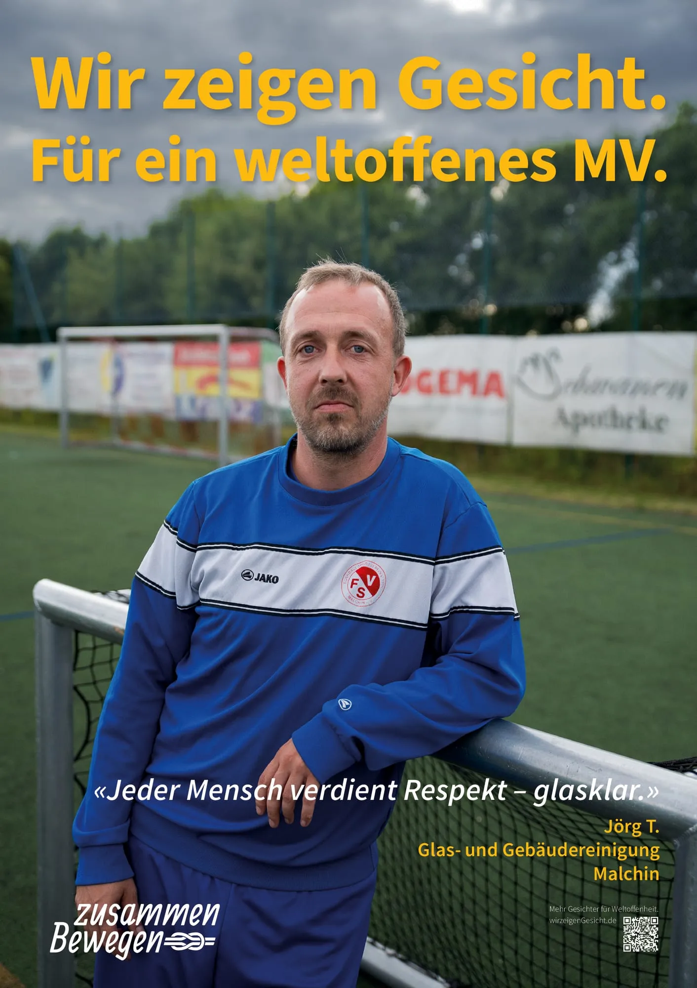 Plakat: «Jeder Mensch verdient Respekt – glasklar.» — Malchin